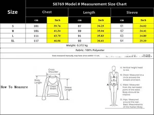 Size chart for long sleeve shirt dress with detailed chest, length and sleeve measurements