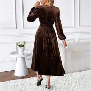 Elegant deep brown velvet maxi dress with V-neck and long sleeves shown from back