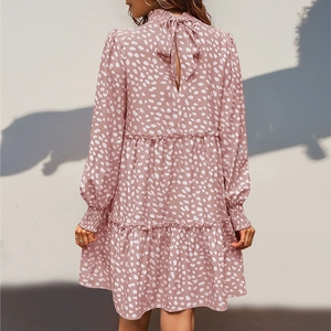 Elegant pink long sleeve dress with leopard print and tiered skirt for women