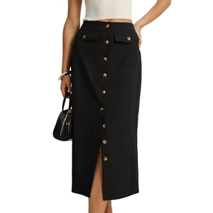Elegant high-waist black midi skirt with vintage buttons and classic straight cut
