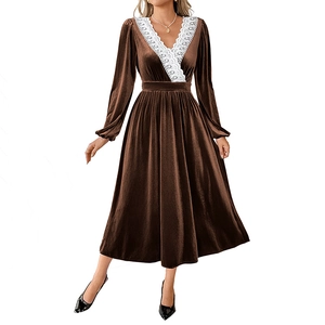 Elegant V-neck dark brown velvet midi dress with white lace trim and long sleeves