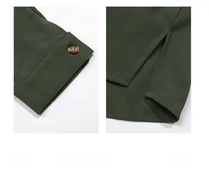 Detail of dark olive green shirt dress showing buttoned cuffs and side slit hem design