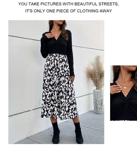 Détails du nœud au col en V et des boutons sur une robe mi-longue avec imprimé zèbre