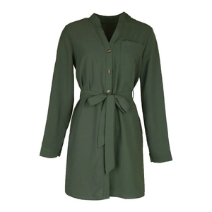 Front view of army green V-neck long-sleeve shirt dress with waist tie and buttons
