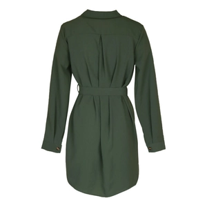 Back view of a long-sleeved dark green shirt dress featuring waist tie and pleated details