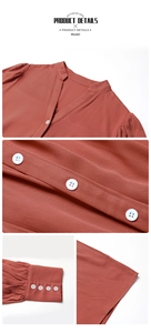 Detailed close-up of terracotta shirt collar, white buttons, and woven fabric texture