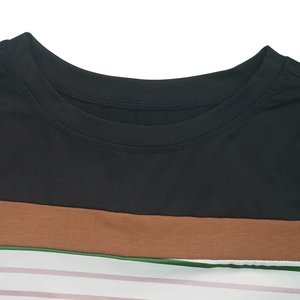 Detail of round neckline and color-block striped fabric on long-sleeved casual T-shirt
