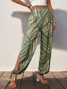 Pantalon Bohème Femme Taille Haute Jambe Large Été Fente Imprimé Floral Feuilles Taille Élastique Pantalon Vacances Ample Plage