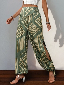 Pantalon de plage bohème taille haute pour femme avec fentes latérales et imprimé vert