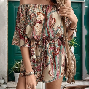 Bohemian paisley print off-shoulder romper with drawstring waist and flared sleeves