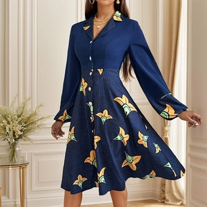 Elegantes marineblaues Hemdkleid mit gelbem Blumendruck und langen Laternenärmeln
