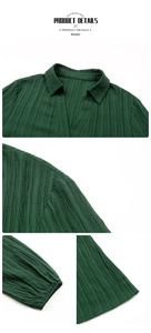 Detailed views of dark green pleated shirt dress showing texture and elastic cuffs