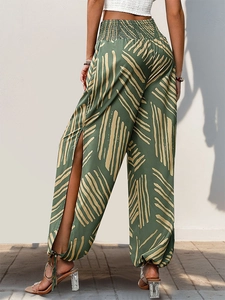 Pantalon femme taille haute à fentes latérales et imprimé abstrait vert olive
