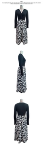 Détails de la robe midi avec col en V, nœud décoratif et jupe à imprimé abstrait noir