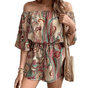 Bohemian paisley print off-shoulder romper with waist drawstring and ruffle details