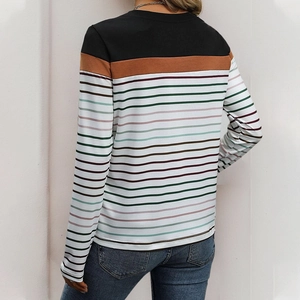 Women's crewneck long sleeve t-shirt with multicolor stripes and contrast patchwork design