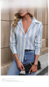 Detailed view of light blue striped shirt with V-neckline and gold jewelry accessories