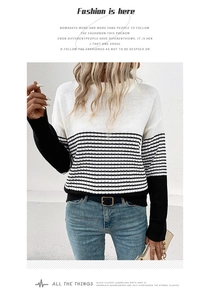 Detailed knit texture and color block design on women striped crew neck sweater