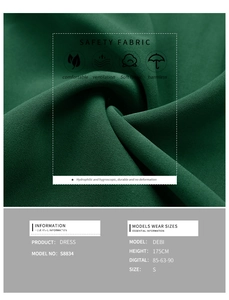 Detail of dark green dress fabric showing breathable texture and model sizing info
