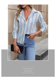 Vertical blue striped long sleeve button-up shirt paired with high waist light denim jeans
