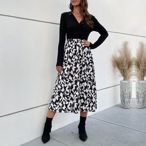 Robe Midi Épissage Mode Femme Automne Col en V Nœud Poitrine Manches Longues Ligne A Bouton Devant Imprimé Abstrait Patchwork