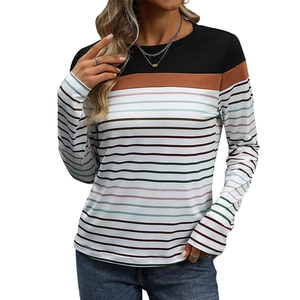 Women's crew neck long sleeve tee with color block shoulders and colorful stripes