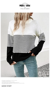 Detail of knit sweater showing black and white stripes and high-quality fabric texture