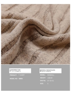 Macro texture of oatmeal knitted V-neck sweater fabric with model size and product info