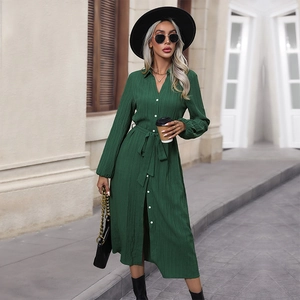 Elegant dark green long sleeve shirt dress with lapel and waist belt for women