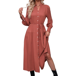 Brick red long-sleeve V-neck shirt dress with white buttons and drawstring waist