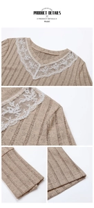 Detail of V-neck knit top with white floral lace trim and ribbed texture fabric