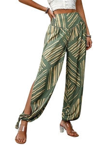 Pantalon de style bohème à taille haute avec imprimé feuilles et fentes latérales