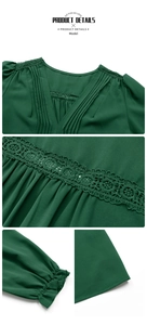 Close-up of the V-neckline with pleated fabric and delicate lace trim on the green dress