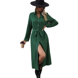 Elegant dark green pleated long sleeve shirt dress with collar and waist tie belt