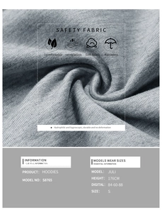 Macro view of grey hoodie fabric texture with model sizing and material details