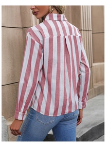 Detailed back view of women's pink and white striped long-sleeve casual shirt