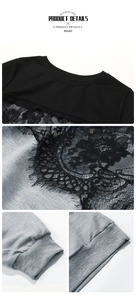 Detail of round neckline and floral lace stitching on grey long sleeve sweatshirt