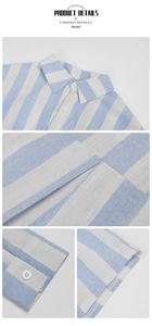 Detailed close-up showing the lapel collar, buttons, and blue stripe pattern of the shirt