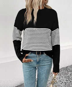 Detail of knit sweater texture with chic black and white stripes and crew neck design