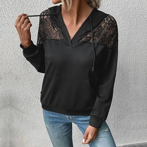 Sweat à Capuche Femme Décontracté Patchwork Dentelle Manches Longues Couleur Unie Top avec Poche Confortable Souple