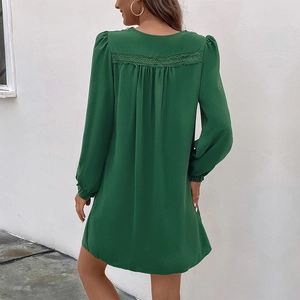 Dark green long sleeve V-neck dress with elegant lace patchwork and pleated details