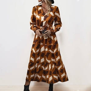 V-neck long-sleeve maxi dress with geometric print and adjustable drawstring waist