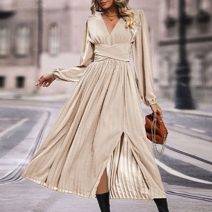 Champagne long sleeve V-neck pleated dress with high slit and waist wrap detail