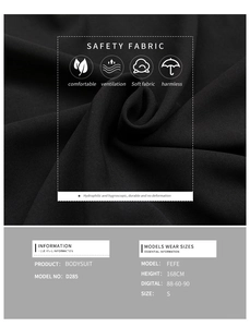 Detail showing high-quality soft breathable black fabric texture and model size data for bodysuit