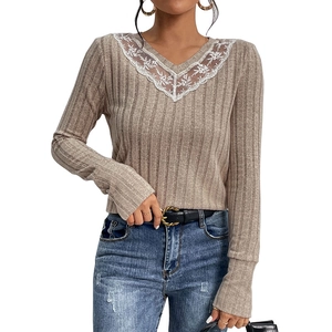 Women's V-neck rib-knit long sleeve top with elegant white floral lace trim in light brown