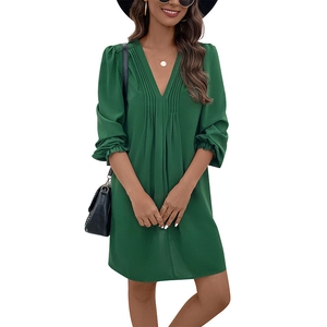 Elegant deep green V-neck long sleeve dress with pleated details and comfortable loose fit