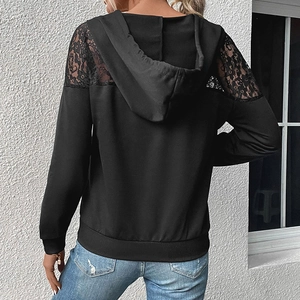 Sweat à capuche noir pour femme avec empiècement en dentelle et coupe décontractée tendance