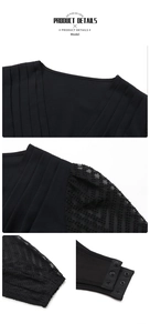 Detail of black V-neck bodysuit showing pleated fabric, sheer mesh sleeves and snap closure