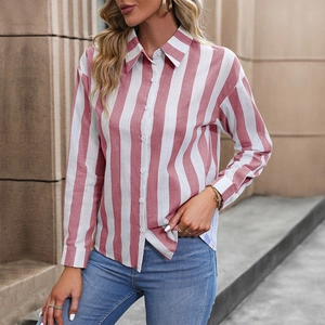 Modern pink and white vertical striped long sleeve button-up shirt for women