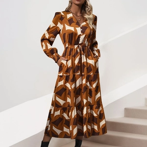 Women V Neck Geometric Print Long Sleeve Maxi Dress With Buttons Drawstring Waist Tiered Elegant Bohemian Fall Dress